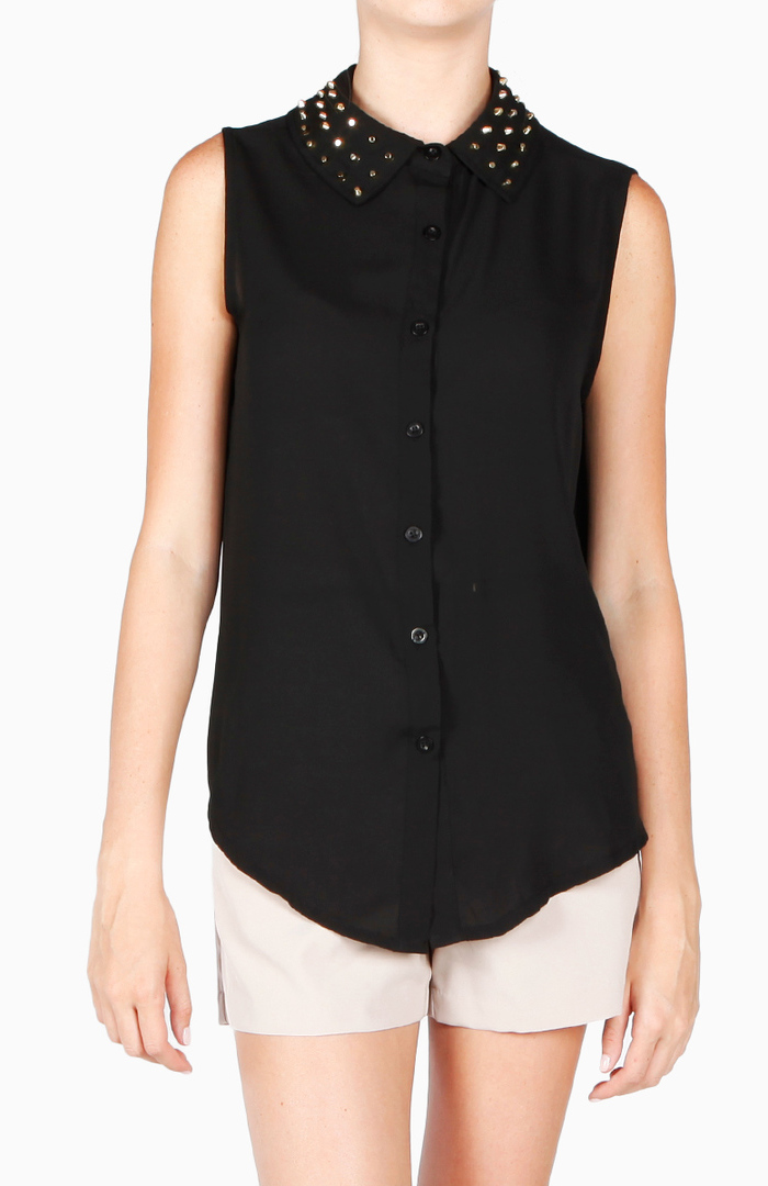 Sleeveless Sheer Studded Collar Top in Black DAILYLOOK