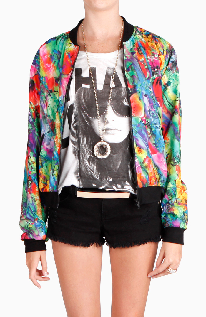 Wild Print Neon Bomber Jacket in Floral Multi DAILYLOOK