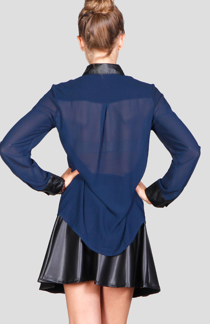 Leather Contrast Button Down in Navy DAILYLOOK