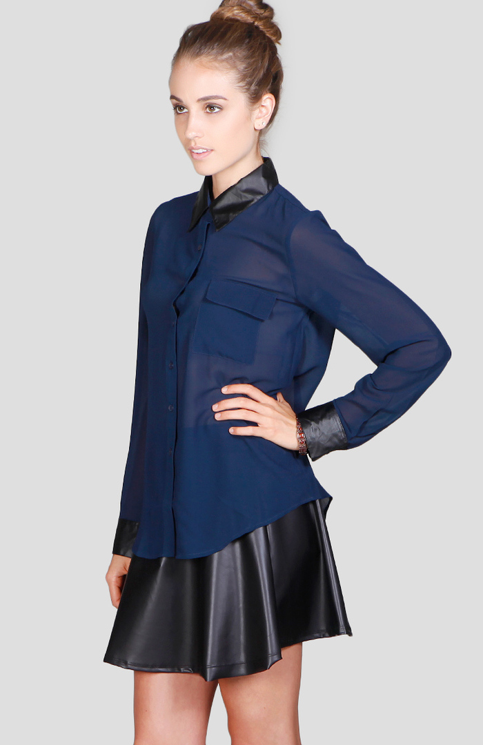 Leather Contrast Button Down in Navy DAILYLOOK