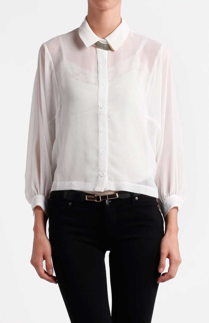 Sheer Batwing Collar Blouse in White | DAILYLOOK