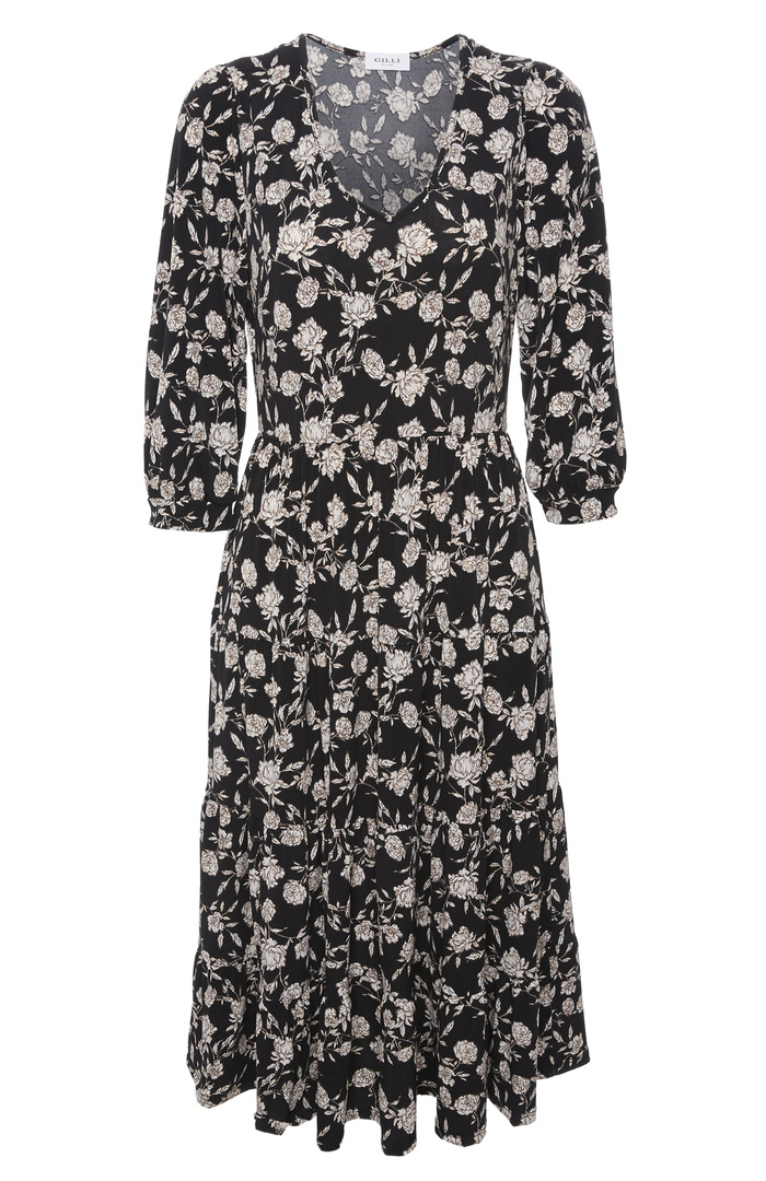 Elbow Sleeve Tiered Midi Dress in Black Multi L DAILYLOOK