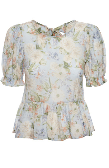 Short Sleeved Printed Peplum Top Slide 1