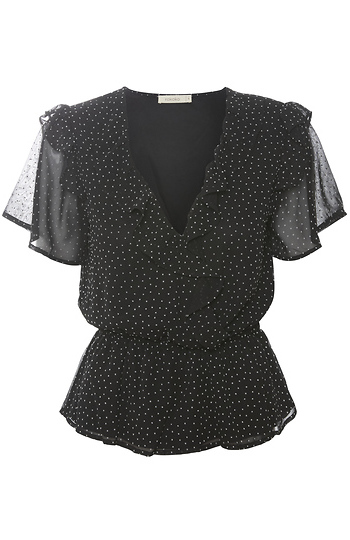 Surplice Ruffled Polka Dot Peplum Top Slide 1