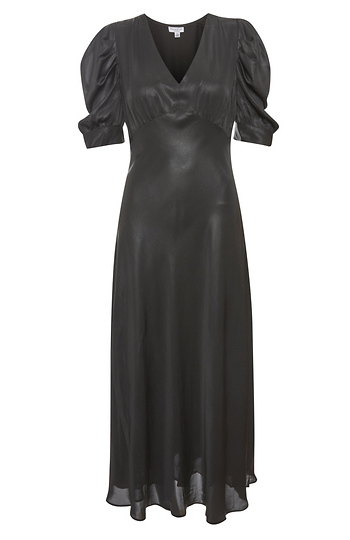 V-Neck Puff Sleeve Satin Dress Slide 1