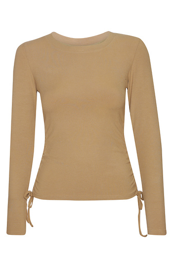 Rib Knit Ruched Side Long Sleeve Top Slide 1