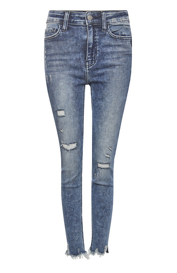 High Rise Uneven Fray Hem Crop Denim Slide 1