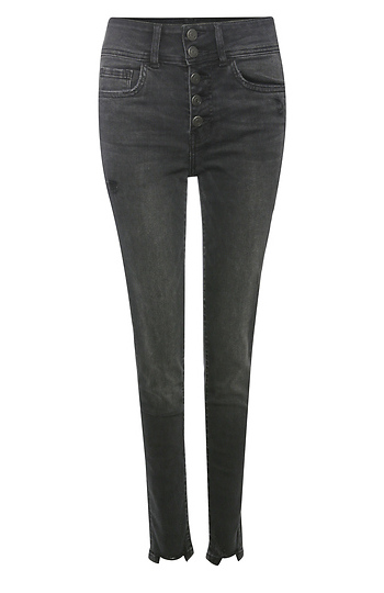 High Rise Button Up Distressed Step Hem Ankle Denim Slide 1