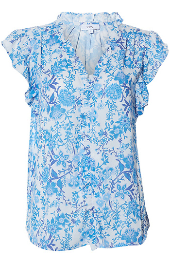 Ruffle Neck Button Front Printed Top Slide 1