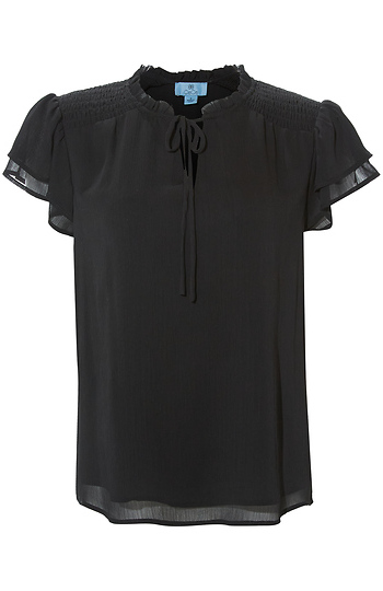 Smocked Shoulder Tie Neck Blouse Slide 1