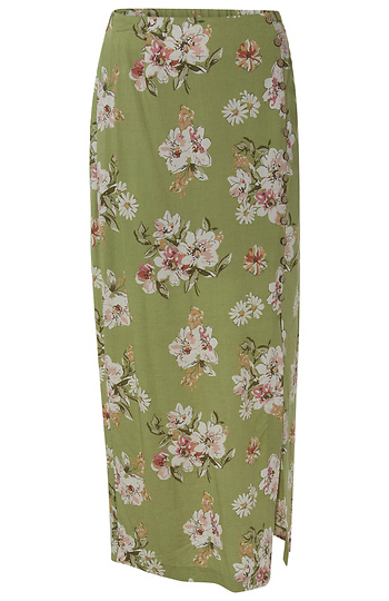 Button Detail Floral Print Midi Skirt Slide 1