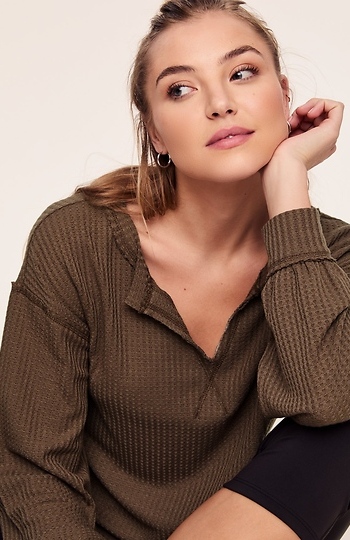 Split Neck Long Sleeve Top Slide 1